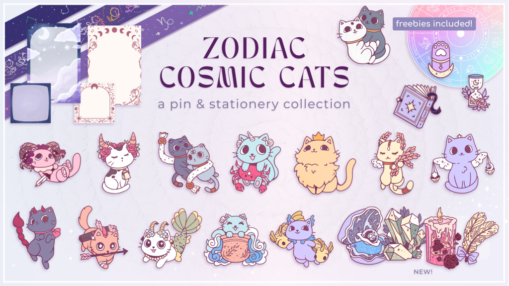 Zodiac Cats - a cosmic enamel pin & stationery collection